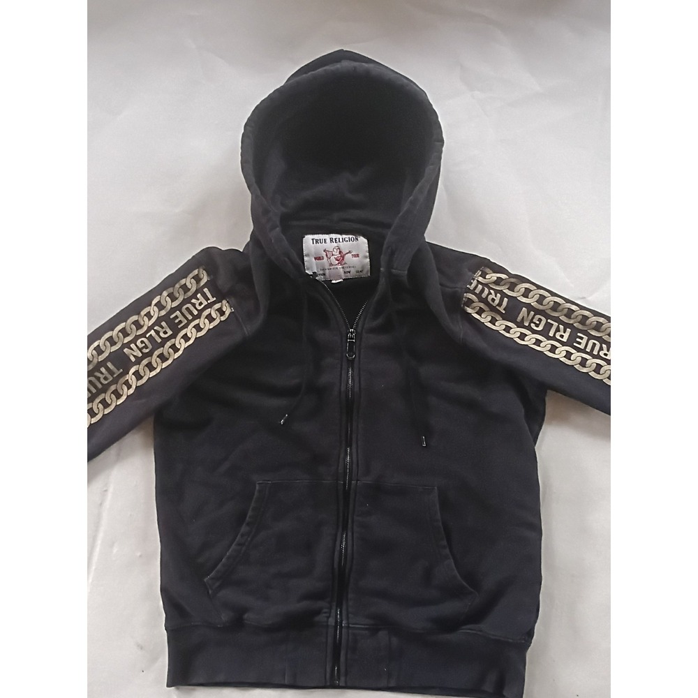 True Religion World Tour Buddha logo M Black Full Zip 2 Chain Sleeve Hoodie Y2K